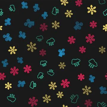 Set line Wind, Cloud with snow, Snowflake and  on seamless pattern. Vector Stock Illustration