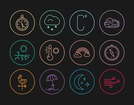 Set line Wind, Compass, Celsius, Meteorology thermometer, Drought, Rainbow .. Stock Illustration