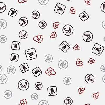 Set line Wind, Compass north,  and Cloud with rain on seamless pattern. Vecto Illustrazione stock