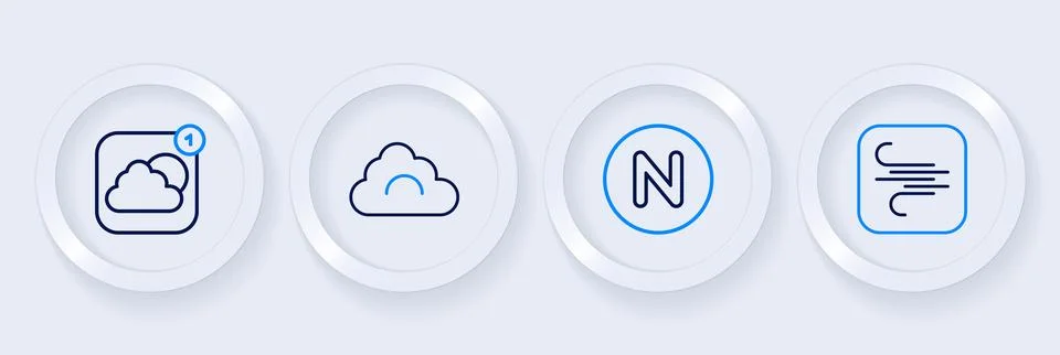Set line Wind, Compass north, Cloud and Weather forecast app icon. Vector Stock Illustration