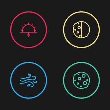 Set line Wind, Moon, Eclipse of the sun and Sunset icon. Vector イラスト素材