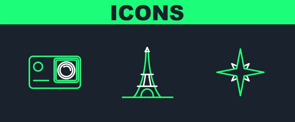 Set line Wind rose, Action extreme camera and Eiffel tower icon. Vector Stock Illustration