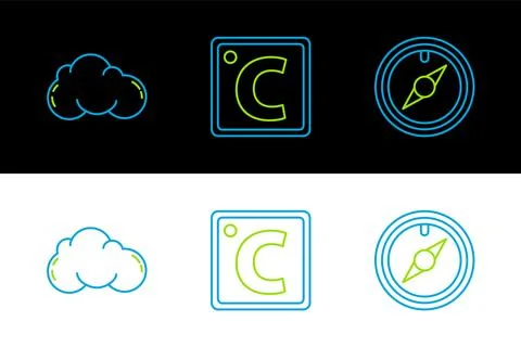 Set line Wind rose, Cloud and Celsius icon. Vector Illustrazione stock
