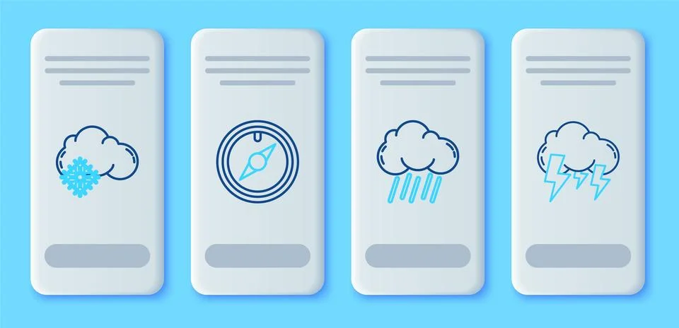 Set line Wind rose, Cloud with rain, snow and Storm icon. Vector Illustrazione stock