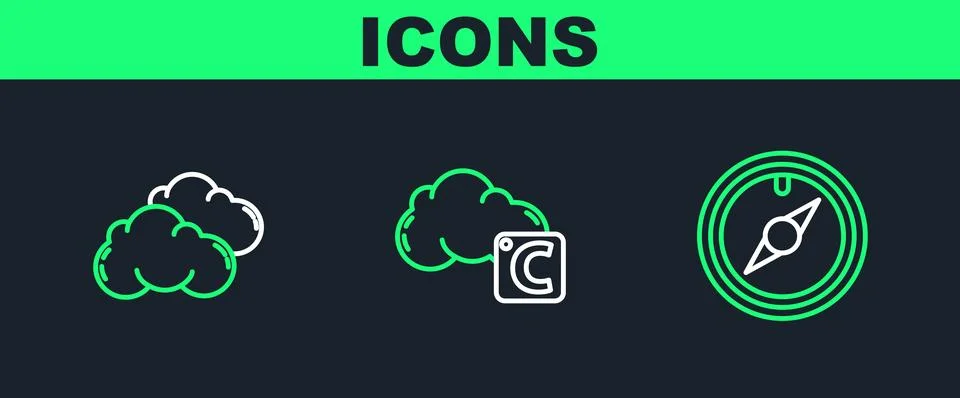Set line Wind rose, Cloud and Celsius and cloud icon. Vector Stockillustratie