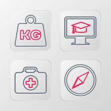 Set line Wind rose, First aid kit, Monitor with graduation cap and Weight ico Stock Illustration