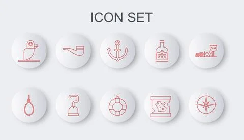 Set line Wind rose, Gallows rope loop hanging, Anchor, Pirate treasure map Illustrazione stock