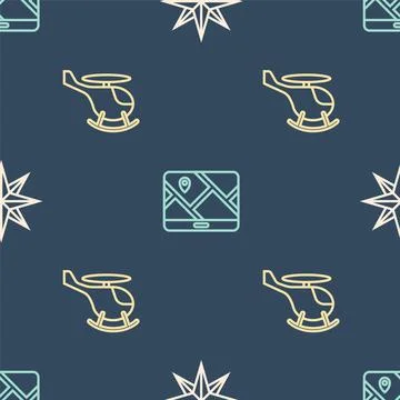 Set line Wind rose, Helicopter and City map navigation on seamless pattern Stock Illustration