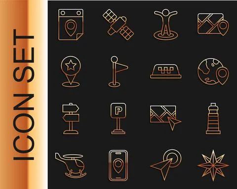 Set line Wind rose, Lighthouse, Location on the globe, with person, marker, Map Stock Illustration