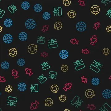 Set line Wind rose, Lighthouse, Lifebuoy and Fish on seamless pattern. Vector Ilustración de archivo