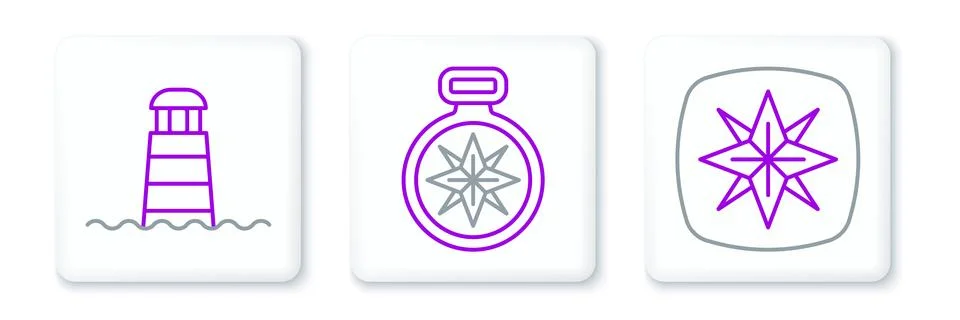 Set line Wind rose, Lighthouse and Compass icon. Vector Ilustración de archivo