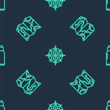 Set line Wind rose, Location of the forest on map and Canteen water bottle on 스톡 일러스트