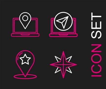 Set line Wind rose, Map pointer with star, Infographic of city map navigation Stock Illustration