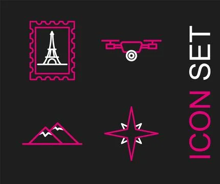 Set line Wind rose, Mountains, Drone flying with action video camera and Postal Stock Illustration