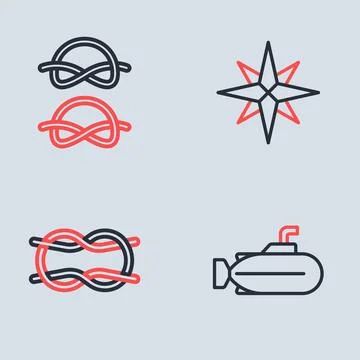 Set line Wind rose, Nautical rope knots, Submarine and  icon. Vector Stock Illustration