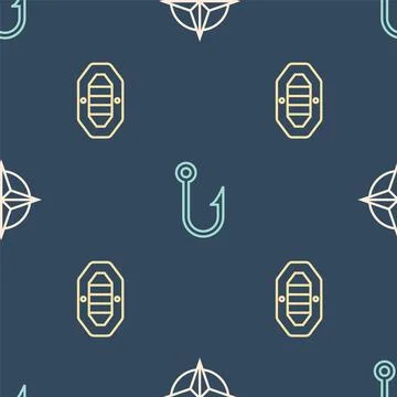 Set line Wind rose, Rafting boat and Fishing hook on seamless pattern. Vector Stock Illustration