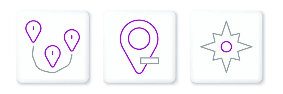 Set line Wind rose, Route location and Location icon. Vector Stock Illustration