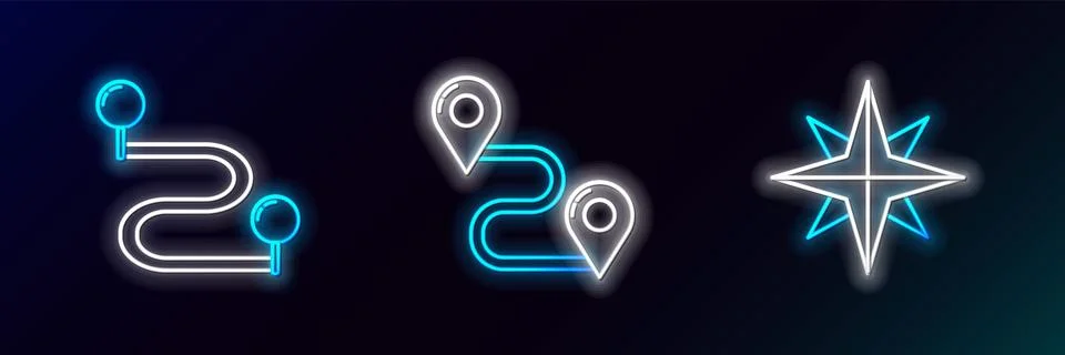 Set line Wind rose, Route location and  icon. Glowing neon. Vector Stock Illustration
