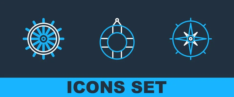 Set line Wind rose, Ship steering wheel and Lifebuoy icon. Vector Illustration