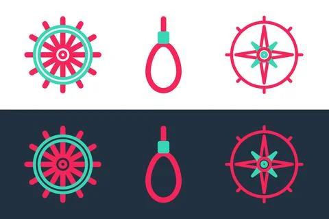 Set line Wind rose, Ship steering wheel and Gallows rope loop hanging icon Illustration