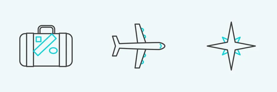 Set line Wind rose, Suitcase for travel and stickers and Plane icon. Vector Illustration