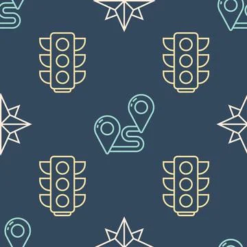 Set line Wind rose, Traffic light and Route location on seamless pattern. Vector Stock Illustration
