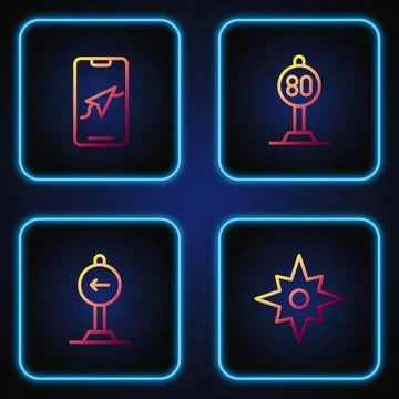 Set line Wind rose, Traffic sign turn left, City map navigation and Speed limit Stock-Illustration