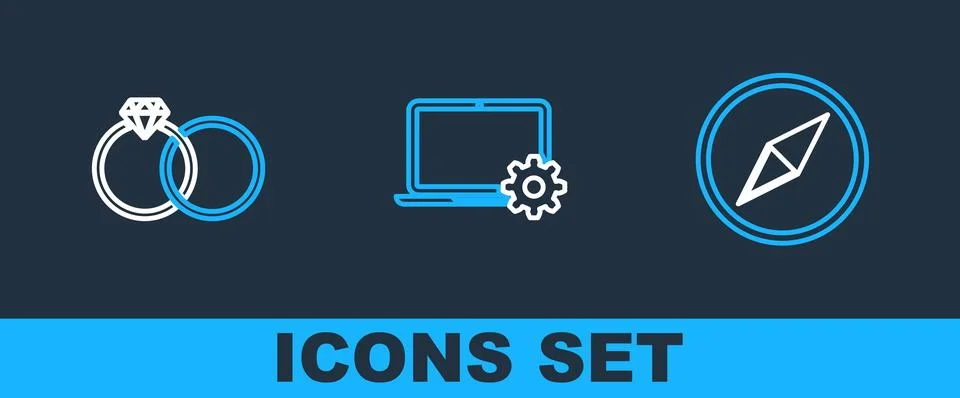 Set line Wind rose, Wedding rings and Laptop and gear icon. Vector Stock Illustration