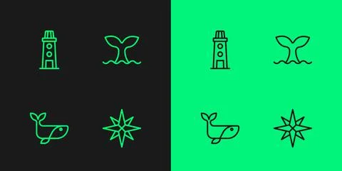 Set line Wind rose, Whale, Lighthouse and tail icon. Vector Illustration