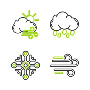 Set line Wind, Snowflake, Cloud with rain and Windy weather icon. Vector Stock Illustration