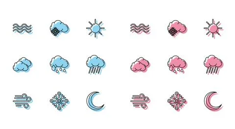 Set line Wind, Snowflake, Waves, Moon and stars, Cloud with rain, and snow icon Stock Illustration