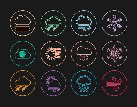 Set line Wind, Snowflake, Windy weather, Fog and sun, Cloud with snow, clou.. Stock Illustration