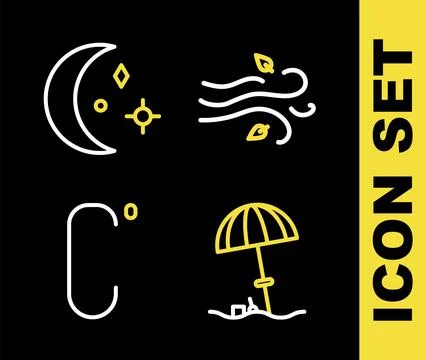 Set line Wind, Sun protective umbrella for beach, Celsius and Moon and star.. Ilustração Stock