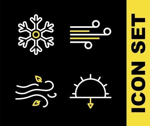 Set line Wind, Sunset, and Snowflake icon. Vector Stock Illustration