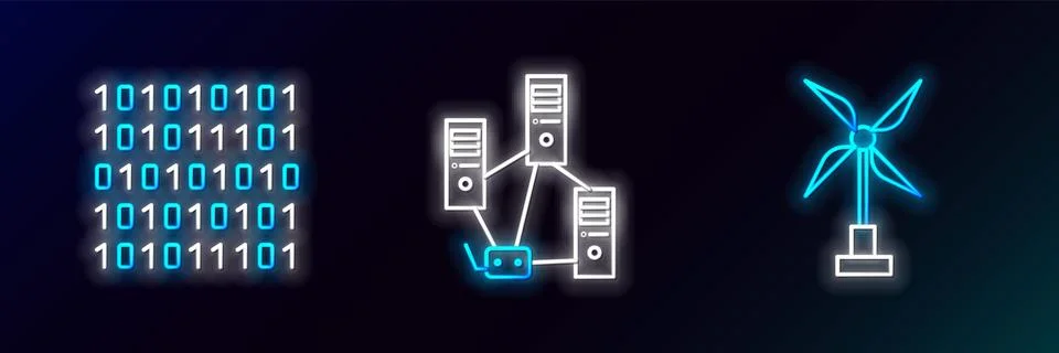 Set line Wind turbine, Binary code and Computer network icon. Glowing neon Stock Illustration