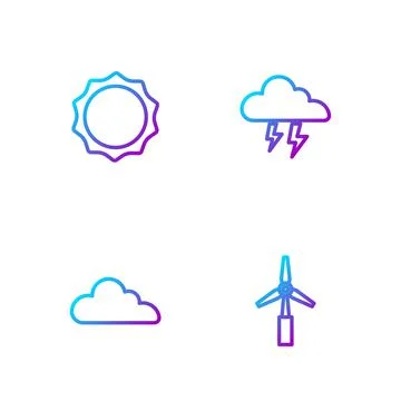 Set line Wind turbine, Cloud, Sun and Storm. Gradient color icons. Vector Stock Illustration