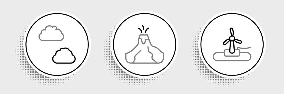 Set line Wind turbine, Cloud and Volcano eruption with lava icon. Vector Stock Illustration