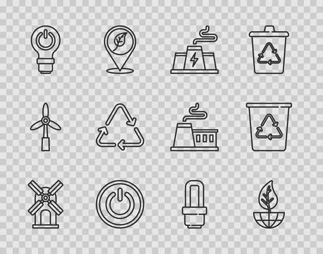 Set line Wind turbine, Earth globe and leaf, Power station plant factory, button Stock Illustration