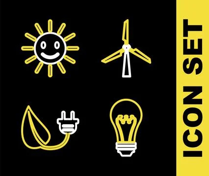 Set line Wind turbine, Light bulb, Electric saving plug leaf and Cute sun with Illustrazione stock