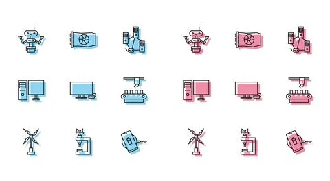 Set line Wind turbine, Microscope, Robot, Wireless charger, Smart Tv, Facto.. 库存插图
