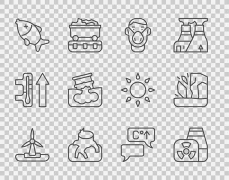 Set line Wind turbine, Nuclear power plant, Face protective mask, Deforesta.. Ilustración de archivo