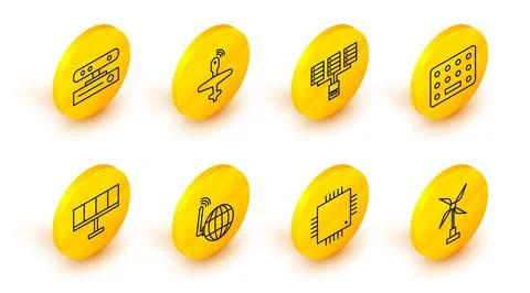 Set line Wind turbine, Processor with microcircuits CPU, Social network, Solar 스톡 일러스트