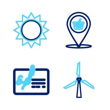 Set line Wind turbine, Signed document, Location shopping basket and Sun icon Stock Illustration
