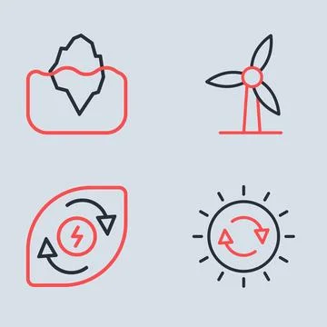 Set line Wind turbine, Water energy, Solar panel and Iceberg icon. Vector Stock Illustration