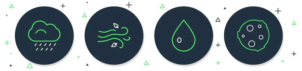 Set line Wind, Water drop, Cloud with rain and Moon icon. Vector 스톡 일러스트