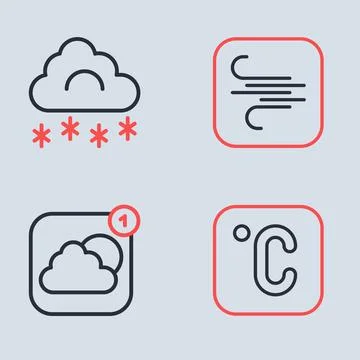 Set line Wind, Weather forecast app, Celsius and Cloud with snow icon. Vector Stock Illustration
