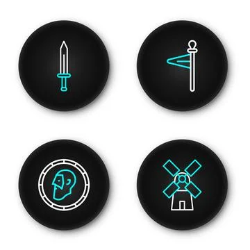 Set line Windmill, Ancient coin, Medieval flag and sword icon. Vector Stock Illustration