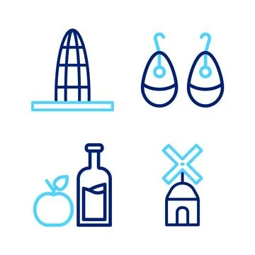 Set line Windmill, Apple cider bottle, Earrings and Agbar tower icon. Vector Stock Illustration
