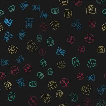 Set line Windmill, Basket, Udder and Apple on seamless pattern. Vector Stock Illustration