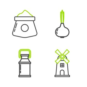 Set line Windmill, Can container for milk, Onion and Bag of flour icon. Vecto Stock Illustration